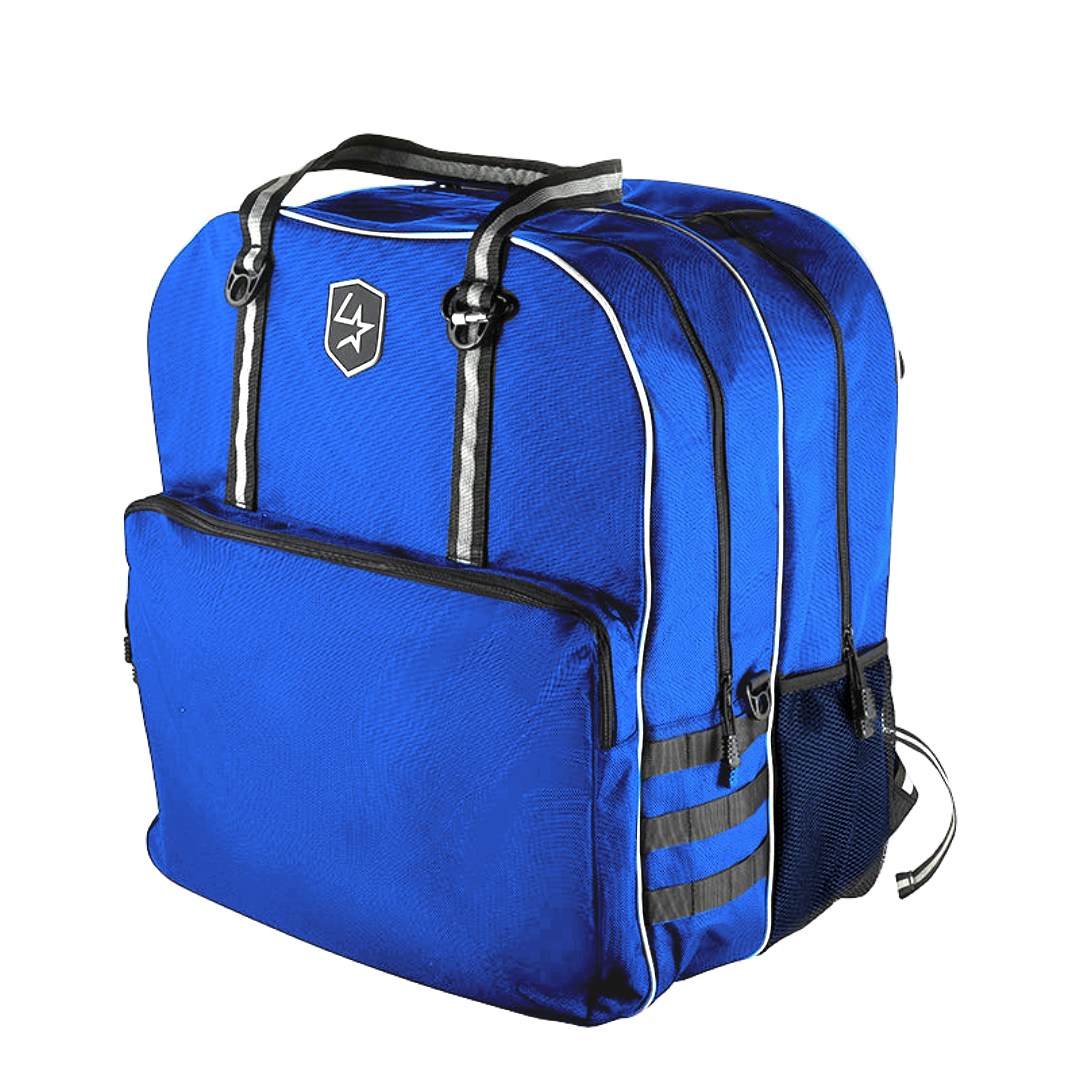 Blue backpack with black straps on a white background