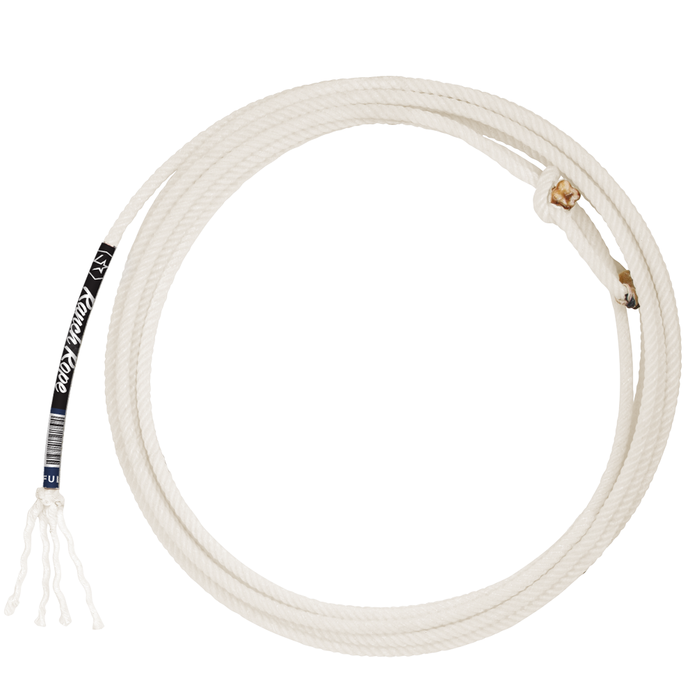 A coiled white nylon ranch rope with a loop and slip结 at one end.