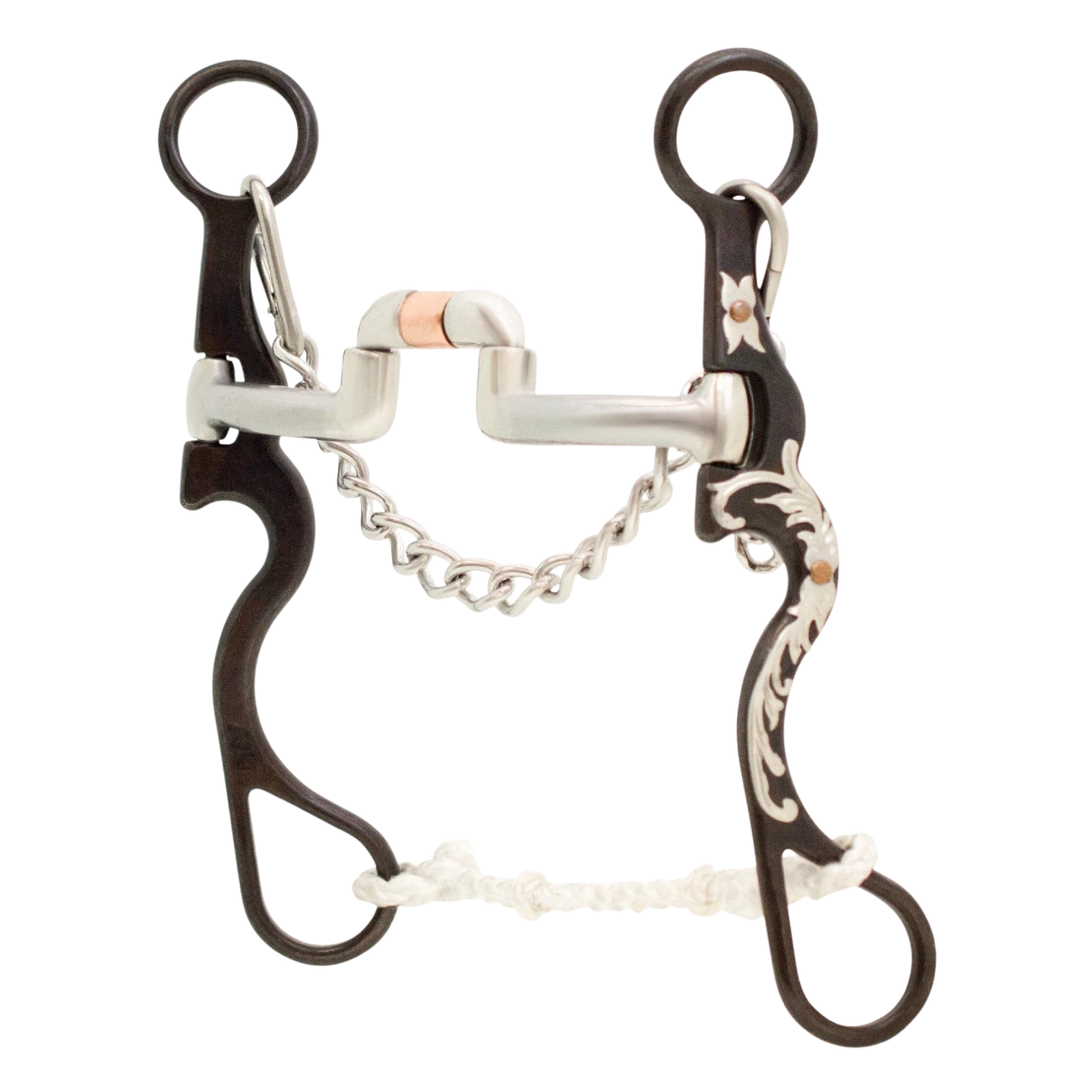 Lone Star Ropes Tyler Magnus Series hinged correctional bit with antique finish, floral trim, and copper roller.